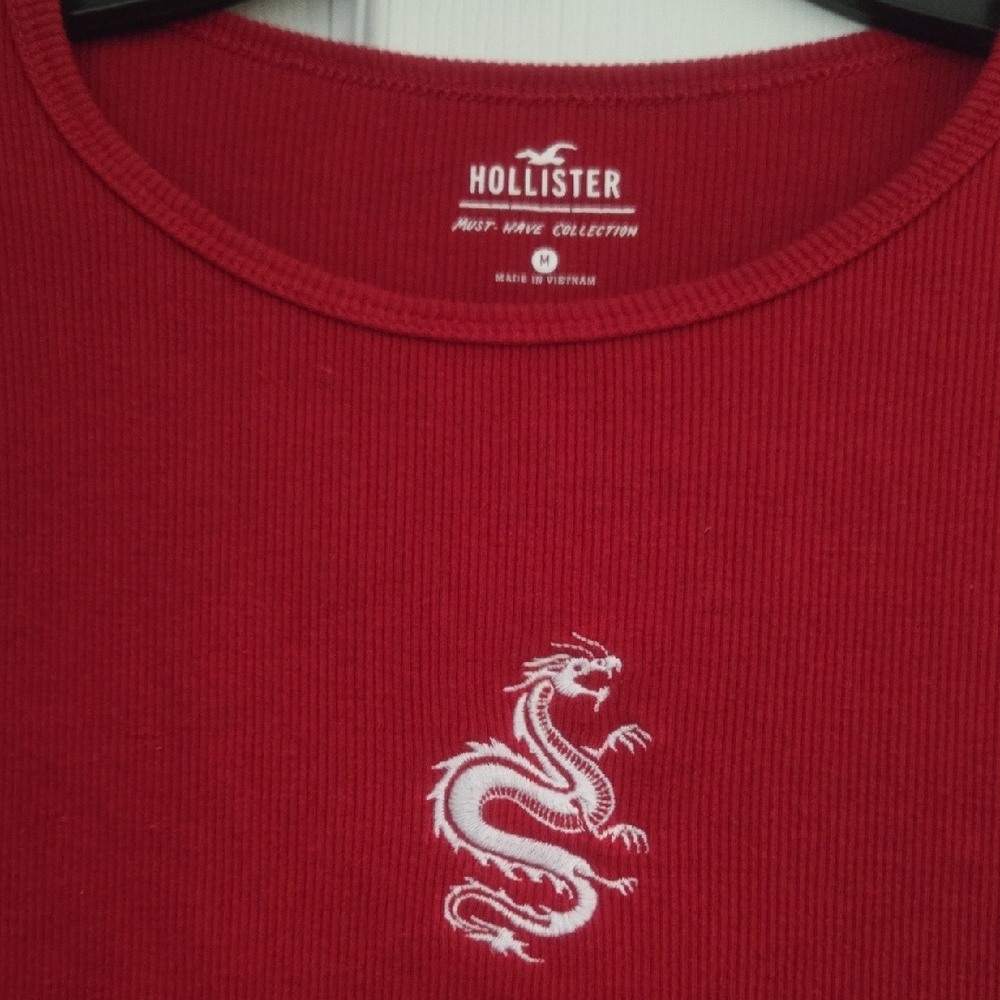 Hollister Red Knit Top with White Dragon Design